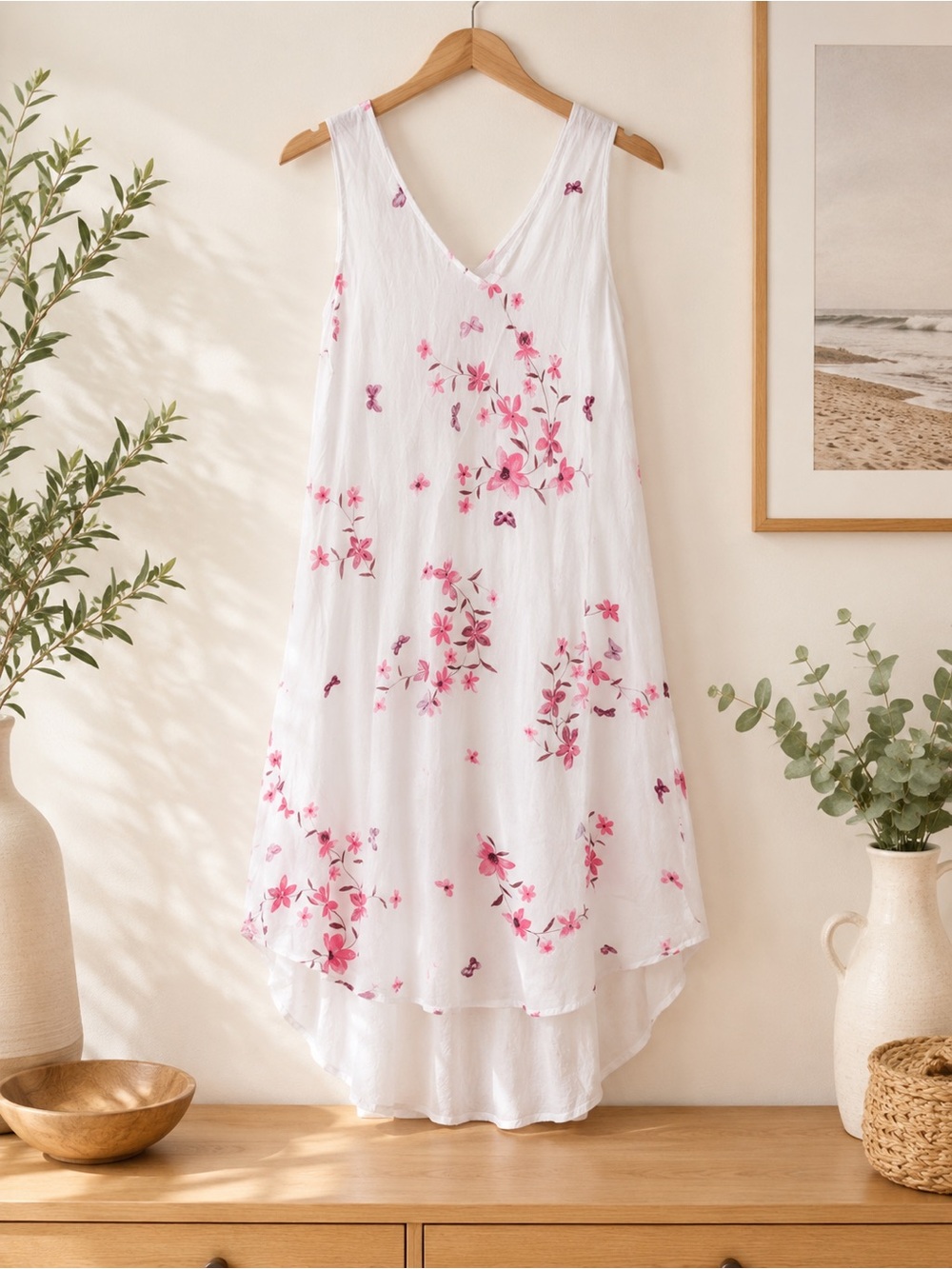White Sleeveless Floral Sundress with Pink Accents 100%cotton